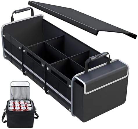 Car Trunk Organizer with Cooler Bag, Collapsible Multi-Compartment Storage Organizer for SUV Truck (Black) by TechNexus