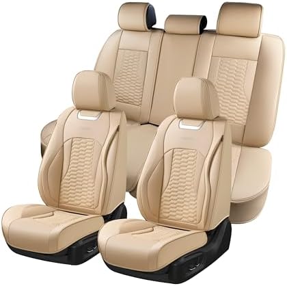 Coverado Car Seat Covers Full Set, Nappa Leather Seat Covers for Cars, Waterproof Automotive Car Seat Covers Interior Accessories Universal Fit Most Sedans, SUVs, Pick-up Trucks(Beige) by COVERADOAUTO