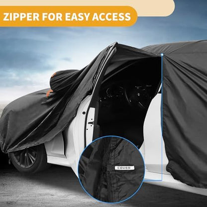 Universal Car Cover Waterproof All Weather 210D-PU, UV Sun Rain Protection, Fits for Sedan Length 178"-186", with Left Side Zipper, Black - Image 6