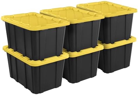 27 Gallon Durable Plastic Storage Tote with Snap-On Lid, Black and Yellow, Heavy-Duty, Secure-Grip Handles, 6 Pack by POMILER