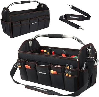 22 In Tool Carrier, Open Top Tool Tote 30 Pockets, Waterproof Tool Bag For Men, Foldable Wide Mouth Electricians Tool Bag, With Stainless Steel Handle and Removable Shoulder Strap by LIANGSHENGYUAN