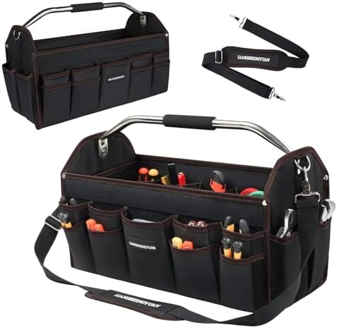 22 In Tool Carrier, Open Top Tool Tote 30 Pockets, Waterproof Tool Bag For Men, Foldable Wide Mouth Electricians Tool Bag, With Stainless Steel Handle and Removable Shoulder Strap by LIANGSHENGYUAN