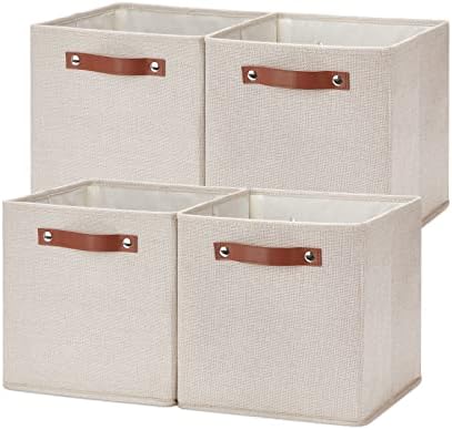 Temary 11x11 Storage Cubes Fabric Storage Cubes Storage Bins with Dual Leather Handles Canvas Storage Boxes for Organizing Home, Shelf, Closet (Beige, 11 x 11 x 11) by TEMARY