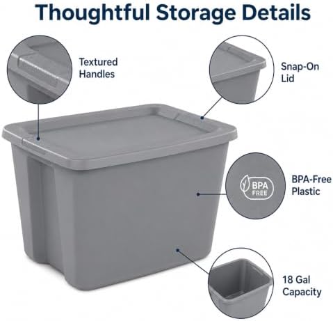 18 Gal Storage Bin with Snap-On Lid, Stackable Plastic Tote, Gray - Image 7