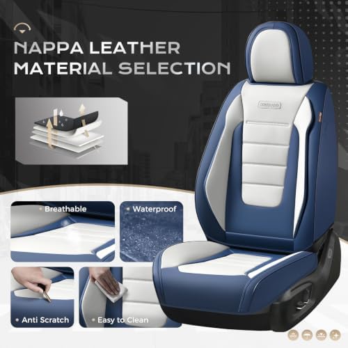 Coverado Car Seat Covers Front, Seat Covers for Cars, Waterproof 2-Pack Car Seat Cushions, Leather Carseat Seat Protectors, Universal Seat Covers Fit for Most Sedans SUV Pick-up Trucks(Blue&White) - Image 2