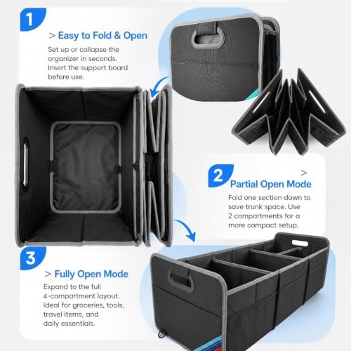 XL Car Trunk Organizer, 4 Compartments, 94L Capacity, Oxford Polyester 600D Material, Easy Fold and Store, Prevents Sliding - Image 3