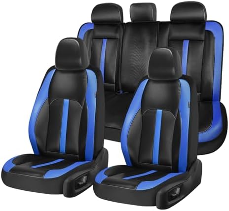 Coverado Leather Car Seat Covers Full Set & Carbon Fiber, Waterproof and Durable All Weather Protector, Universal Fit for SUV, Pickup Truck, Sedan, Automotive Vehicle Interior, Black&Blue by COVERADOAUTO