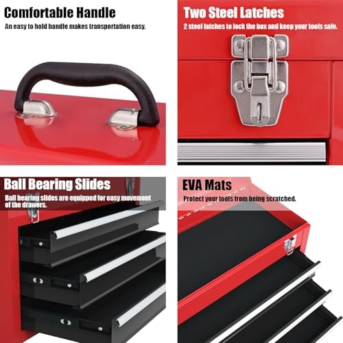 Goplus Tool Box with 3 Drawers, 4-Tier 20.5" Portable Tool Chest Organizer with Top Tool Tray, Auto Lock, Protective Liner, Handle, Steel Metal Small Toolbox for Gargae, Workshop, Home - Image 3