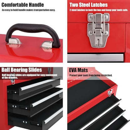 Goplus Tool Box with 3 Drawers, 4-Tier 20.5" Portable Tool Chest Organizer with Top Tool Tray, Auto Lock, Protective Liner, Handle, Steel Metal Small Toolbox for Gargae, Workshop, Home - Image 3