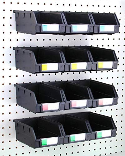 Pegboard Bins – 12 Pack Black Extra Large - Hooks to Any Peg Board - Organize Hardware, Accessories, Attachments, Workbench, Garage Storage, Craft Room, Tool Shed, Hobby Supplies, Parts by RightArrange