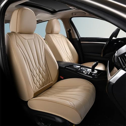 FLORICH Universal Seat Covers Full Set, 5 Seats Leather Seat Covers for Cars, Waterproof & Breathable Nappa Leather Car Seat Protector Fit for Most Cars - Beige - Image 2