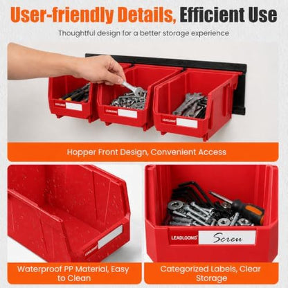 12pc Wall-Mounted Storage Organizer Set with Metal Rails Red - Image 6