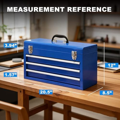 3 Drawer 20“ Metal Tool Box Portable Steel Tool Chest with Metal Latch Closure for Garage, Home and Workbench, Blue - Image 2