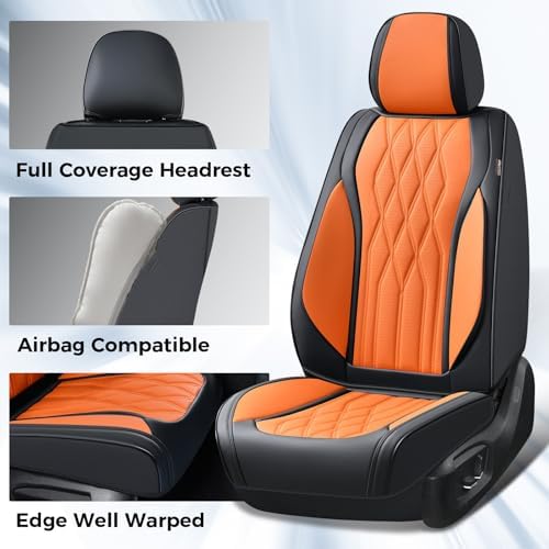 Coverado Seat Covers FullSet, 5 Seats Car Seat Protector, Waterproof Nappa Leather Cushion, Front & Rear Fit for Most Sedans SUV Pick-up Truck-Black&Orange - Image 5
