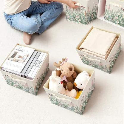 6 Pcs Wild Floral Cube Storage Bins 12.5 Inch Flower Storage Basket with Handle, Beige Collapsible Fabric Box for Classroom Bedrooms Office Home Decoration - Image 6