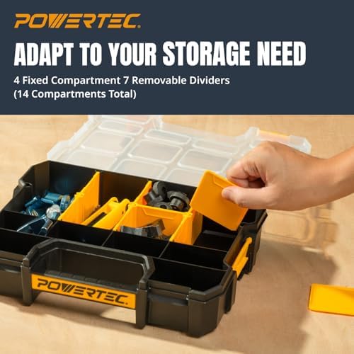 POWERTEC Small Parts Organizer & Tool Box – 14 Compartments, Stackable Storage with Interlocking Latch, Removable Dividers, Clear Lid, Portable Design, 2-Pack (72364-P2) - Image 3