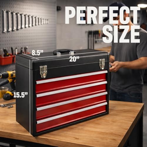 4-Drawer Tool Box with Drawers - Portable Metal Tool Box for Mechanics - Heavy Duty Steel Tool Chest with Locking Latches and Top Storage Compartment, Red/Black - Image 3