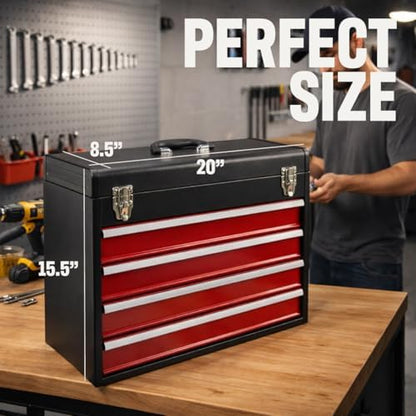 4-Drawer Tool Box with Drawers - Portable Metal Tool Box for Mechanics - Heavy Duty Steel Tool Chest with Locking Latches and Top Storage Compartment, Red/Black - Image 3