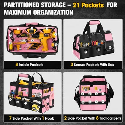 Veitorld 16-Inch Tool Bag Tool Box Organizer, Heavy Duty Tool Organizer with 19 Pockets, Wide Mouth Design for Easy Access, Portable Tool Tote Gift for Women and Men, Garage, Workshop, Pink - Image 3
