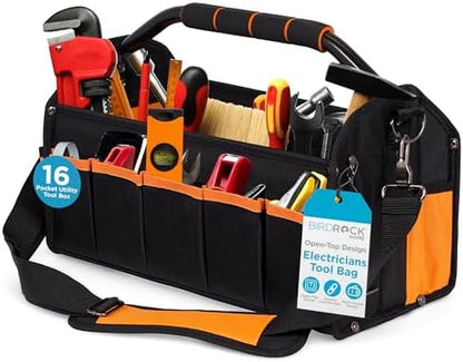 INTERNET'S BEST Open Top Electricians Tool Bag - Custom Electrician Organizer, Tool Carrier - 16 Pocket Utility Tool Box - Portable Shoulder Tote for Tech, Plumbers, Painters, Construction - 17 Inch by BIRDROCKHOME