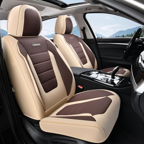 Coverado Car Seat Covers Front, Seat Covers for Cars, Waterproof 2-Pack Car Seat Cushions, Leather Carseat Seat Protectors, Universal Seat Covers Fit for Most Sedans SUV Pick-up Trucks(Beige&Coffee) by COVERADOAUTO