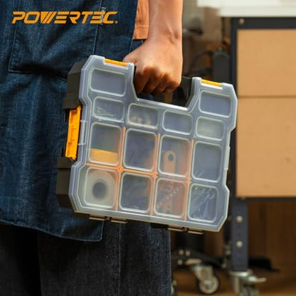 POWERTEC Small Parts Organizer & Tool Box – 14 Compartments, Stackable Storage with Interlocking Latch, Removable Dividers, Clear Lid, Portable Design (72364) - Image 6