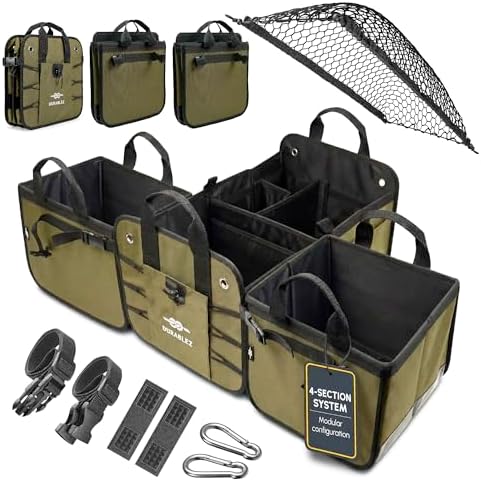 Extra Large Car Trunk Organizer - Trunk Storage - Modular Detachable Configurable Collapsible - for SUV Minivan Truck Sedan Van - 4 Compartment XXL, Green by DURABLEZ