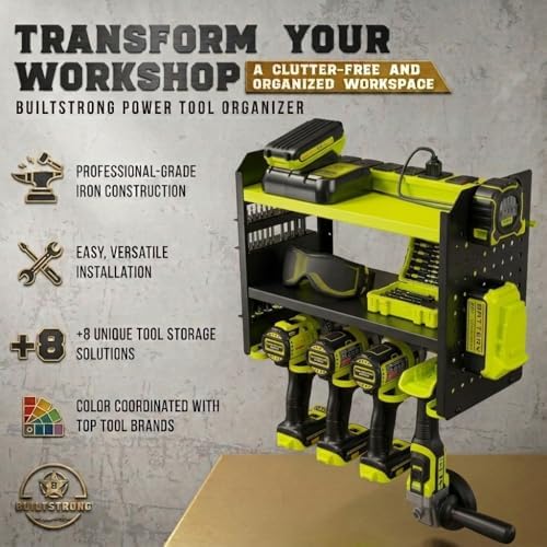 BUILTSTRONG Power Tool Organizer Wall Mount – 3-Tier Heavy-Duty Steel Rack, 4 Drill Slots, Pegboard + Utility Side, 100 lb Capacity – Garage, Workshop & Shed Storage (Green) - Image 3