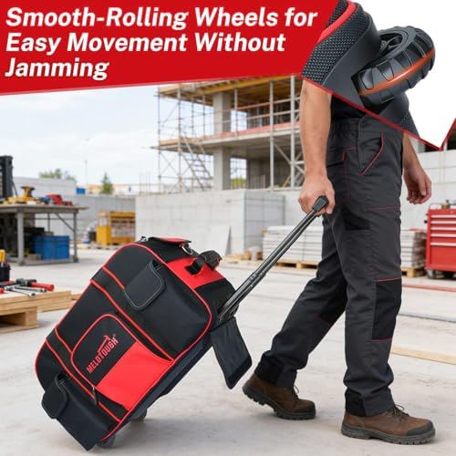 MELOTOUGH Rolling Tool Bag with Wheels, Heavy Duty Large Tool Bag with Concealed Telescoping Handle, Multi-Pocket Organizer for Construction, Electrician, HVAC, Mechanic - 4 Carrying Options (Red) - Image 6