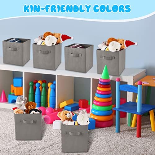 Yinder 12 Pcs Cube Storage Bin Grey 10.5''x10.5''x11'' Storage Bins for Playroom Decor Colorful Bins for Kids Foldable Baskets for Nursery Organizer Boxes Fabric Boxes - Image 3