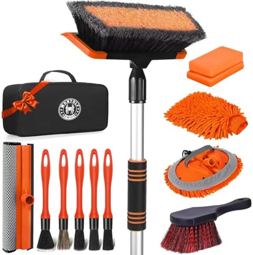 62'' Car Wash Brush with Long Handle, Complete Car Wash Kit, Scratch-Free Car Cleaning Brush Mop Kit with Clay Bar, Wash Mitt, Window Squeegee, Wheel Brush, Storage Bag for Car Truck RV by Stemni