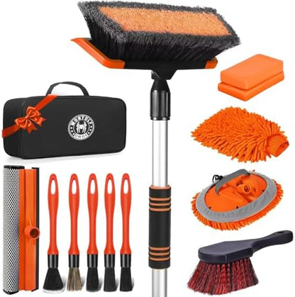 62'' Car Wash Brush with Long Handle, Complete Car Wash Kit, Scratch-Free Car Cleaning Brush Mop Kit with Clay Bar, Wash Mitt, Window Squeegee, Wheel Brush, Storage Bag for Car Truck RV by Stemni
