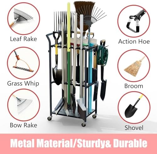 Faesun Garden Tool Organizer with Wheels, Rolling Yard Tool Rack with 14 Hooks & 5 Slots, 3-Tier Metal Cart Holds 50+ Rakes/Shovels/Brooms, Mobile Lawn Storage for Garage Shed Outdoor - Image 5
