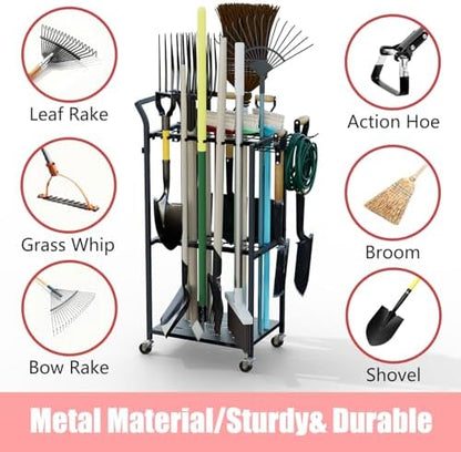 Faesun Garden Tool Organizer with Wheels, Rolling Yard Tool Rack with 14 Hooks & 5 Slots, 3-Tier Metal Cart Holds 50+ Rakes/Shovels/Brooms, Mobile Lawn Storage for Garage Shed Outdoor - Image 5