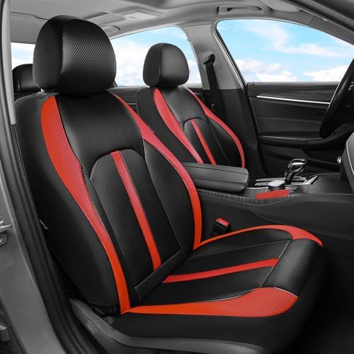Coverado Leather Car Seat Covers Full Set & Carbon Fiber, Waterproof and Durable All Weather Protector, Universal Fit for SUV, Pickup Truck, Sedan, Automotive Vehicle Interior, Black&Red - Image 2