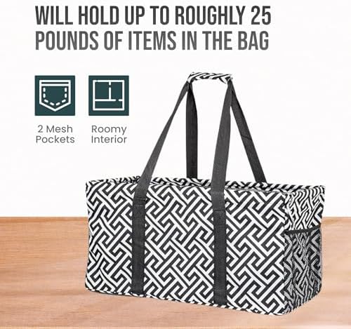 Extra Large Utility Tote Bag - Oversized Collapsible Reusable Wire Frame Rectangular Canvas Basket With Two Exterior Pockets For Beach, Pool, Laundry, Car Trunk, Storage - Geometrc Black - Image 5