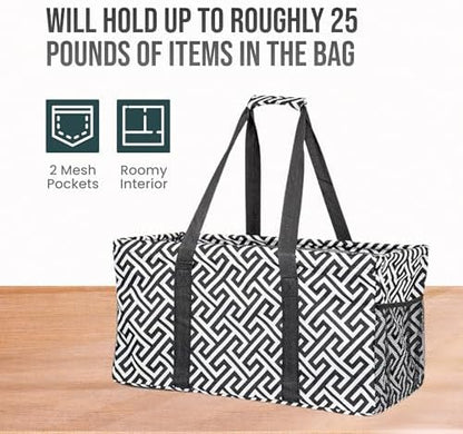 Extra Large Utility Tote Bag - Oversized Collapsible Reusable Wire Frame Rectangular Canvas Basket With Two Exterior Pockets For Beach, Pool, Laundry, Car Trunk, Storage - Geometrc Black - Image 5
