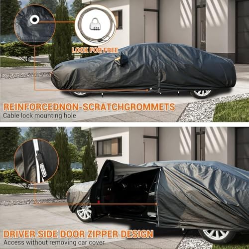 Tecoom All Weather Car Cover Waterproof Windproof Hail Protector with Fleece Lining & Zipper Door, UV Sun Protection, Fit for Sedan (170"–190"), Black - Image 6