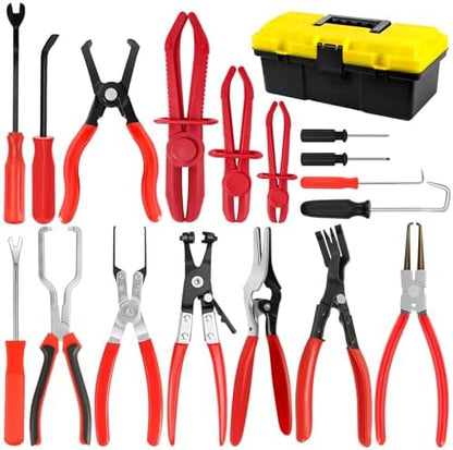 18-Piece Automotive Fuel Line Disconnect Tool Kit & Hose Clamp Pliers Set with Fuel Line Pliers, Hose Removal Pliers, Relay Puller Pliers, Panel Clip Pliers, Pinch-Off Clamps, Trim Tools & Toolbox by QLOUNI