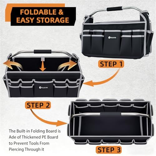 20in Tool Bags For Men Heavy Duty, 22 PCS Pockets Tool Bag Organizer Foldable Open Top Tool Bag With Handle, Wide Mouth Electrician Tool Tote, Grey - Image 4