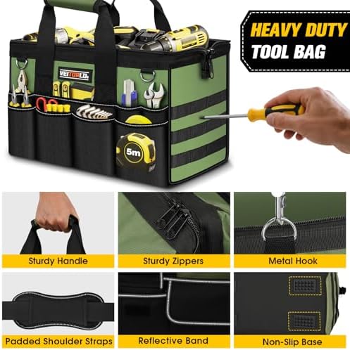 18-Inch Heavy Duty Tool Bag, 19-Pockets Tool Box Organizer, Portable Toolbag W/Soft Handle for Organized Storage, Mechanic Gifts for Men Dad Husband Fathers Day, Wide Mouth Electrician Toolbox, Green - Image 6