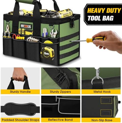 18-Inch Heavy Duty Tool Bag, 19-Pockets Tool Box Organizer, Portable Toolbag W/Soft Handle for Organized Storage, Mechanic Gifts for Men Dad Husband Fathers Day, Wide Mouth Electrician Toolbox, Green - Image 6