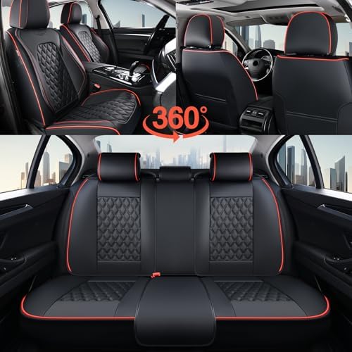Coverado Full Set Car Seat Covers, Luxury Faux Leather Waterproof Seat Covers, 5-Seat Universal Fit, Front & Back Car Seat Protectors,Leather Seat Covers for Most Cars-Black & Red Line - Image 6