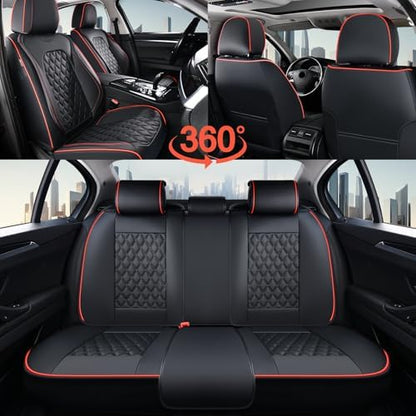 Coverado Full Set Car Seat Covers, Luxury Faux Leather Waterproof Seat Covers, 5-Seat Universal Fit, Front & Back Car Seat Protectors,Leather Seat Covers for Most Cars-Black & Red Line - Image 6