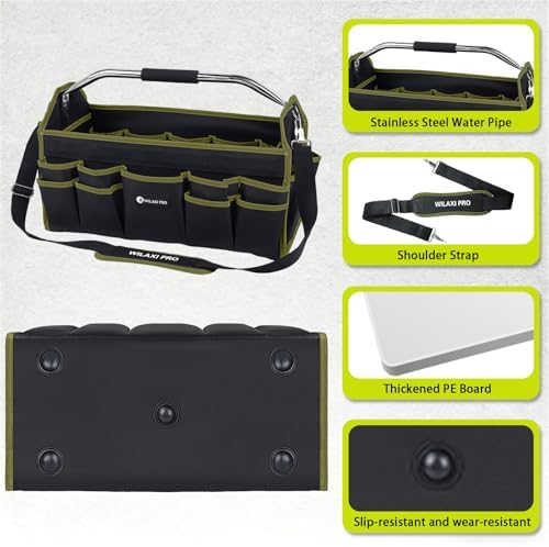 20in Foldable Open Top Tool Bags For Men Heavy Duty, Tool Carrier hard With Handle, Wide Mouth Electrician Tool Tote, Many Pockets Can Hold Many Tool, Green - Image 5