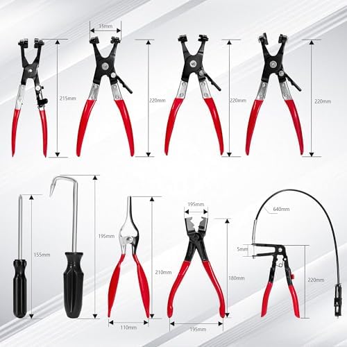 9-Piece Hose Clamp Pliers Set for Fuel Line Disconnect Tool & Water Hoses, Automotive Long Reach Hose Clamp Remover Kit with Flexible Wire Clic-R Type Swivel Jaw Flat Band Pliers - Image 3