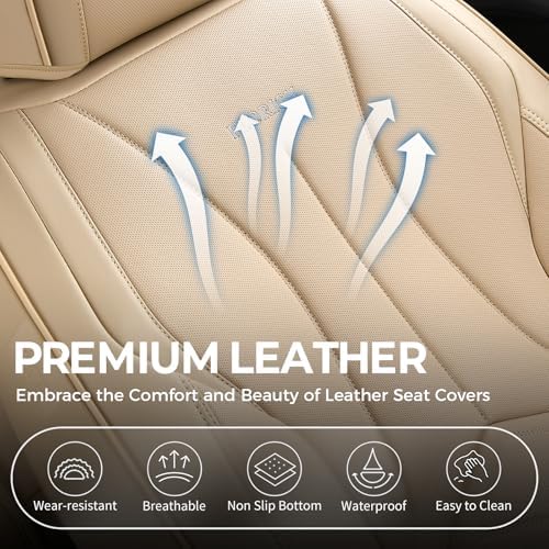 FLORICH Seat Cover, Leather Car Seat Covers Full Set, Waterproof Car Seat Protectors 5 Seats, Front and Rear Seat Covers for Cars, Automotive Seat Protector Fit for Most Sedans SUV Truck - Beige - Image 5