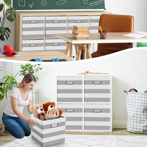CroBlissful 11 Inch 6 Pcs Fabric Storage Cubes with Handle, Grey and White - Image 6