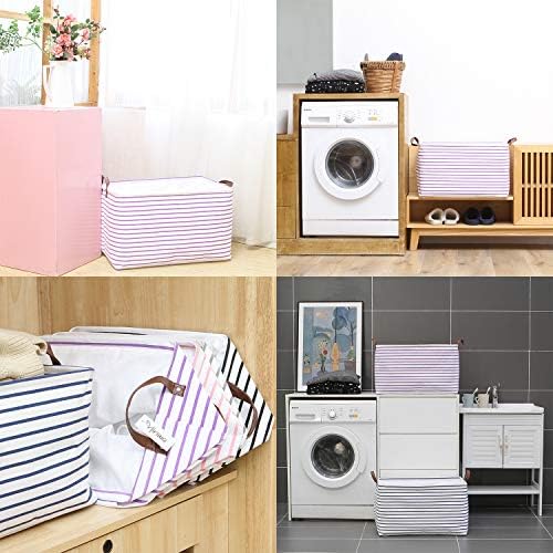 Hinwo 2-Pack Extra Large Canvas Fabric Storage Baskets with Handles, 70L Oversized Storage Bins, Collapsible Storage Box, Clothes, Toys, Blankets Organizers, 22 x 15 x 13 inches, (Purple Stripe) - Image 3