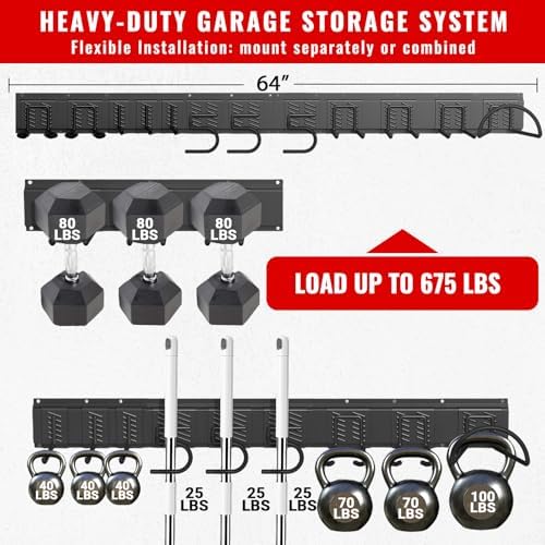 Garage Tool Organizer Wall Mount, Easy to 64inch Install Heavy-Duty Garage Storage System with 12 Adjustable Hooks, Garden Tool Rack for Shovels, Rakes, Yard Tools - Image 2